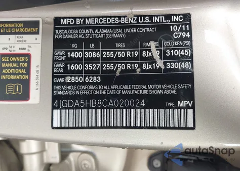 2012 Mercedes-Benz Ml 350 4Matic z USA, uszkodzony, nr VIN 4JGDA5HB8CA020024